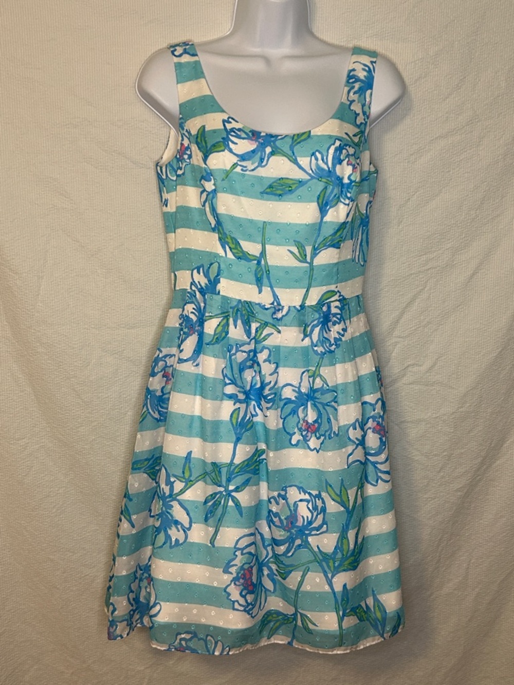 Lilly Pulitzer Preppy Blue Floral and Striped Dress, Size 4